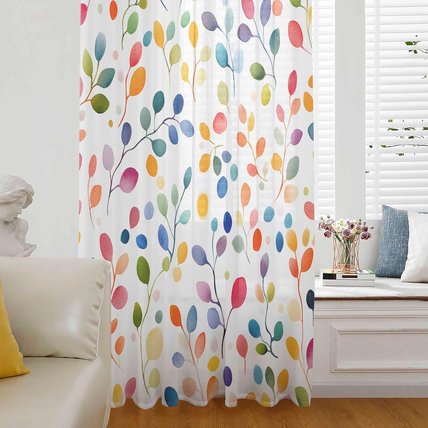 Boho Colorful Leaves Sheer Curtains 72 Inch Length, Light Filtering Watercolor Botanical Leaf Voile Curtain Panel, Rod Pocket Natural Plants Drapes Funny Window Treatments for Living Room 52"x72"