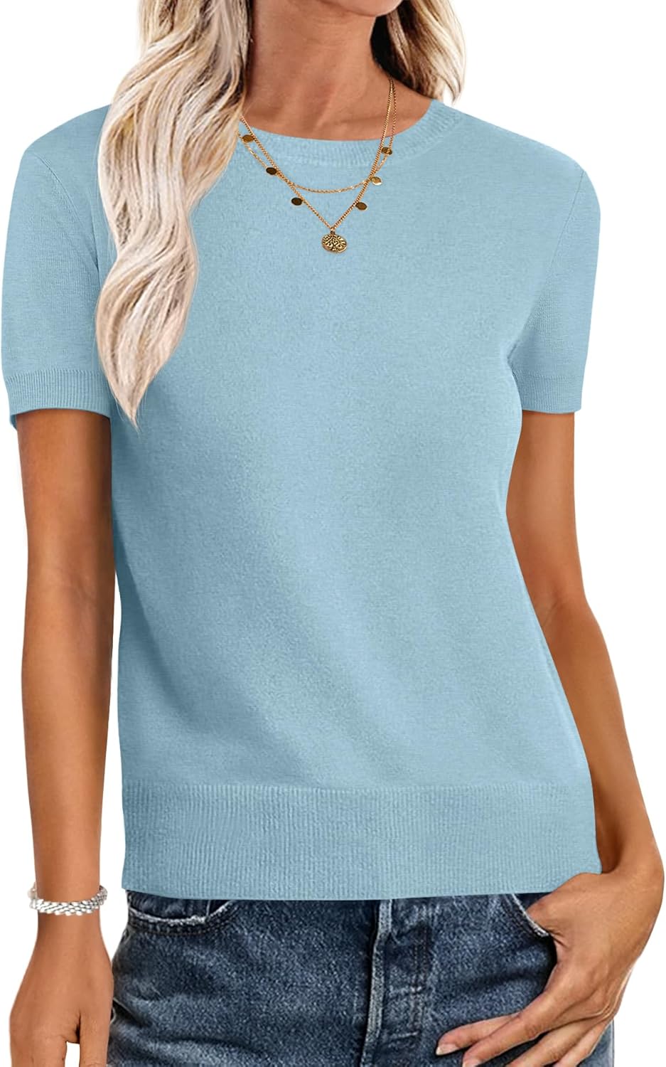 ANRABESS Womens Short Sleeve Sweaters Wool Blend Crew Neck Sweater Shirts Business Casual Work Tops 2025 Summer Outfits