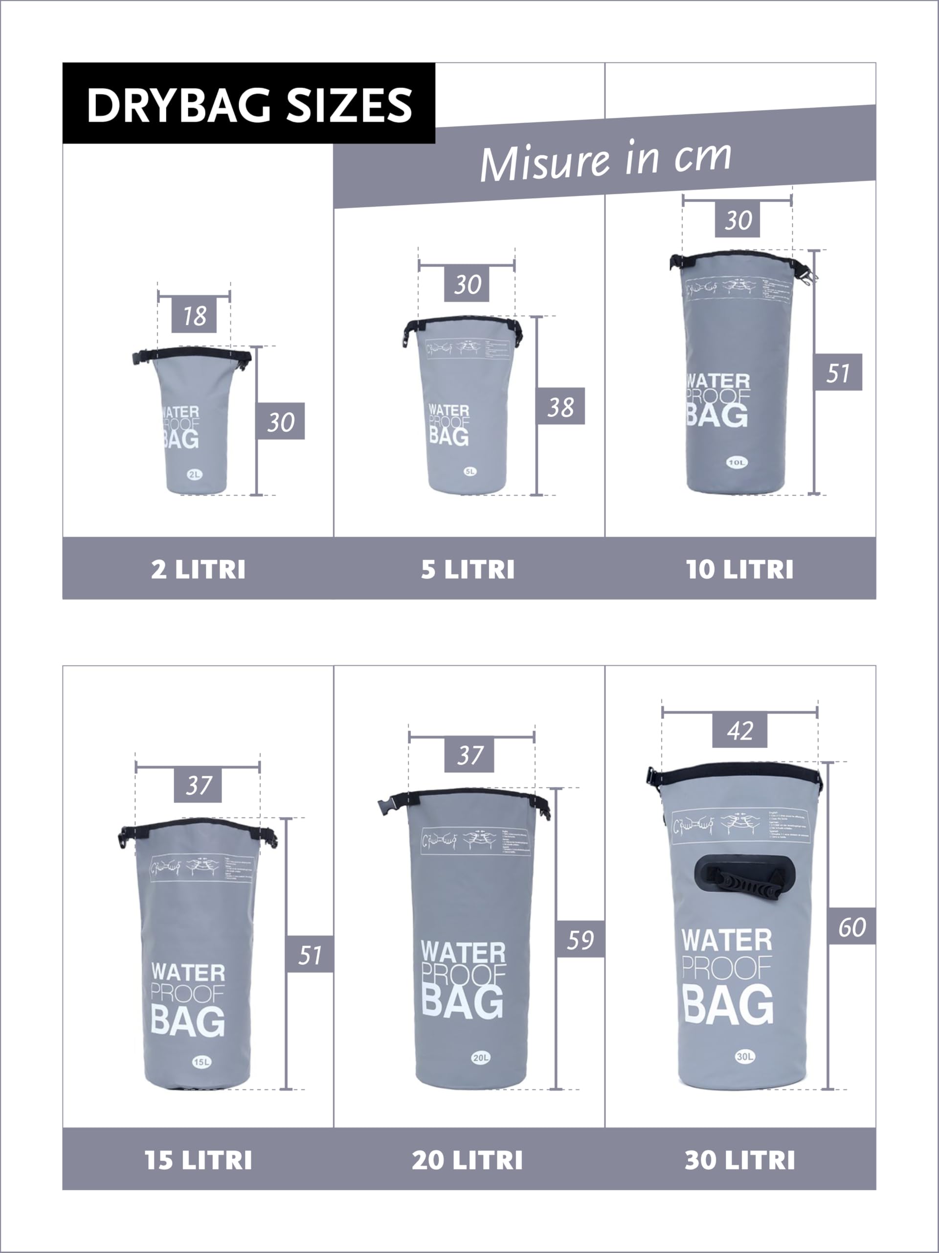 DonDon Dry Bag Borsa Impermeabile da 2l, 5l, 10l, 15l, 20l, 30l con Tracolla