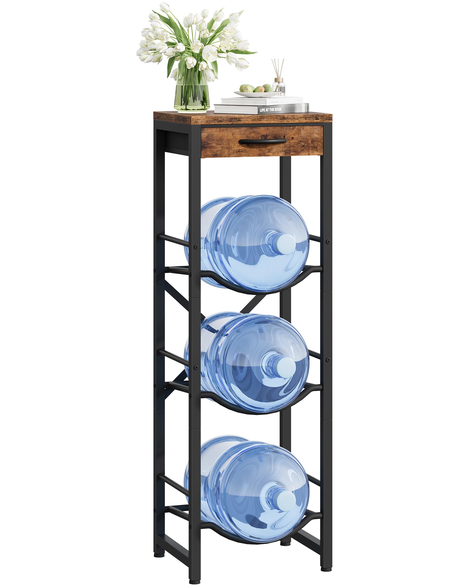 CHOEZON 5-Gallon Water Jug Holder, Water Bottle Holder, 3-Tier Kettle Storage Shelf with Drawer, Water Dispenser Replacement Parts, for Kitchen, Black