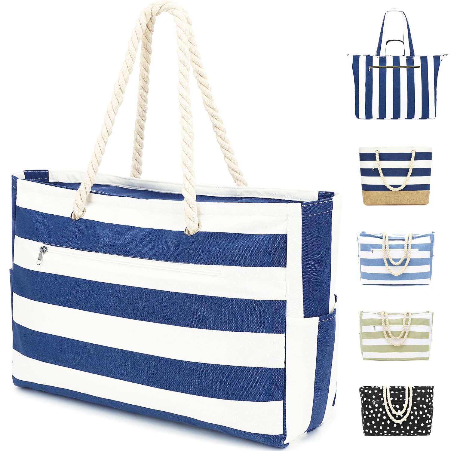 Fammart Large Canvas Beach Bag for Women, Beach Bags Waterproof Sandproof with Zipper & Wet Bag Cruise Essentials