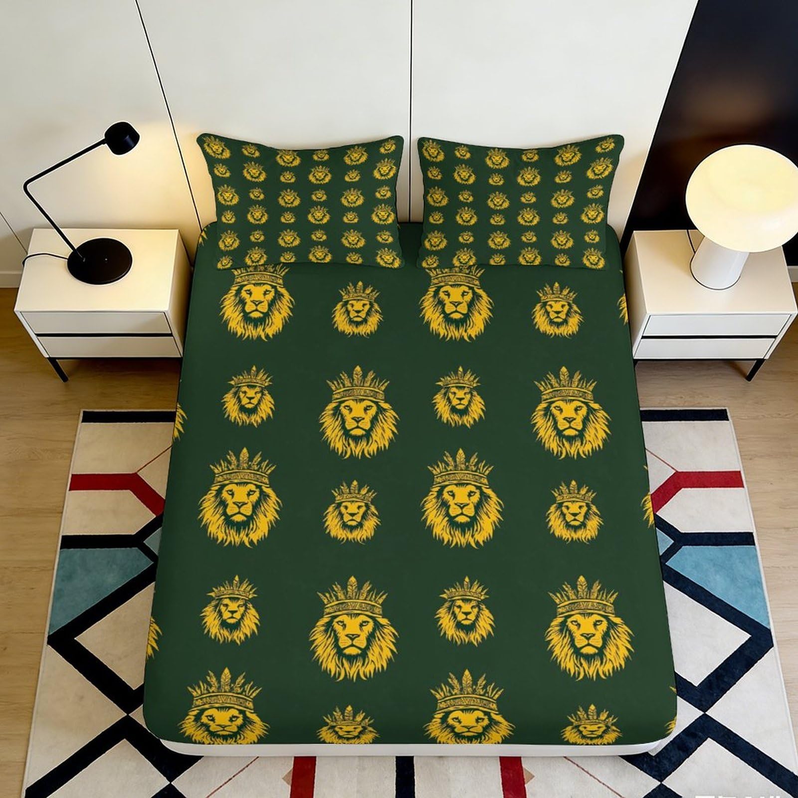 3D Printed Regal Lion King Fitted Sheet Microfiber Soft Dark Green Crown Mattress Cover Bedroom Decor 140x200x25cm