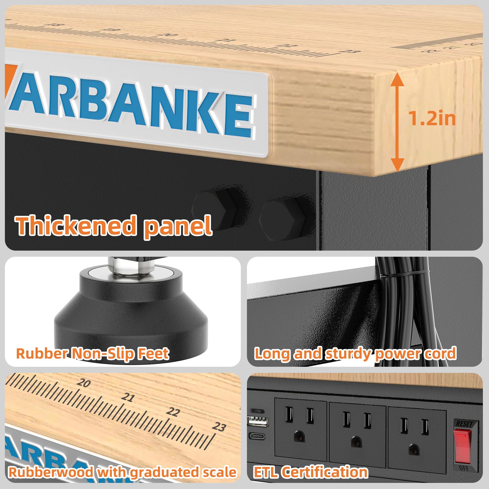 Banco de trabajo ajustable 120 cm 900 kg mesa de madera de caucho 5 alturas panel de alimentación