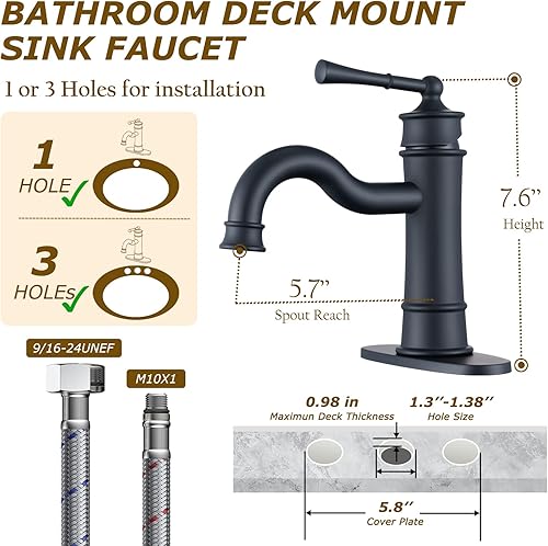 Miniatura 6 de Grifo romano para lavabo de baño, negro mate, de un solo agujero, montaje en cubierta, montaje en cubierta, con placa de desbordamiento y líneas de