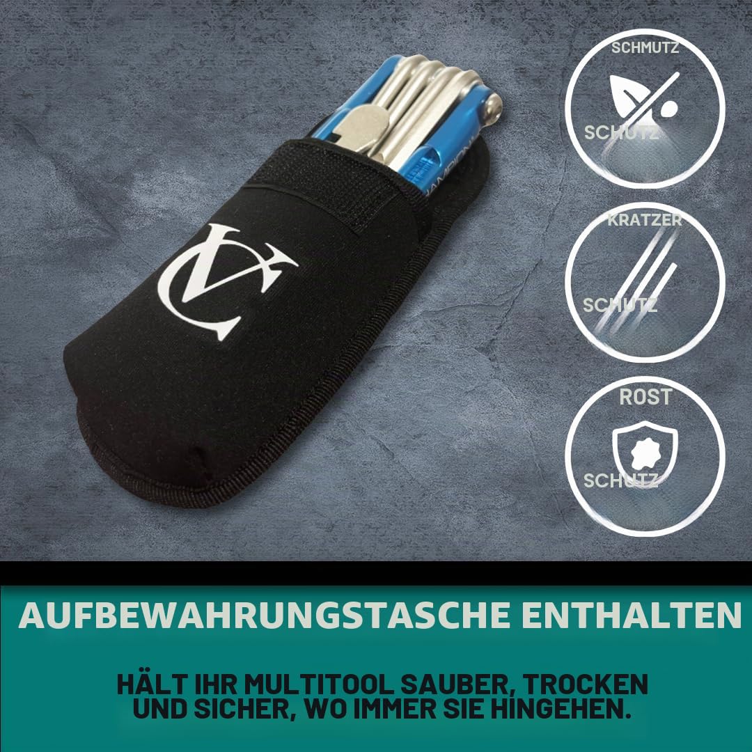 VeloChampion Fahrrad-Multitool 14in1 kompaktes Fahrradreparaturset | Inbus-Schlüssel, Speichenschlüssel, Schraubendreher, Reifenheber, Flaschenöffner | Tragbares Fahrradwerkzeug + Aufbewahrungstasche
