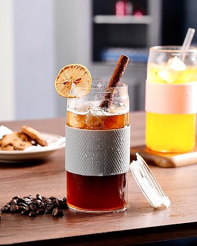 Miniatura 8 de ColoVie Vasos de vidrio para beber con tapas y pajitas de vidrio, juego de 6 piezas, vaso de vidrio de viaje de 16 onzas con funda protectora de