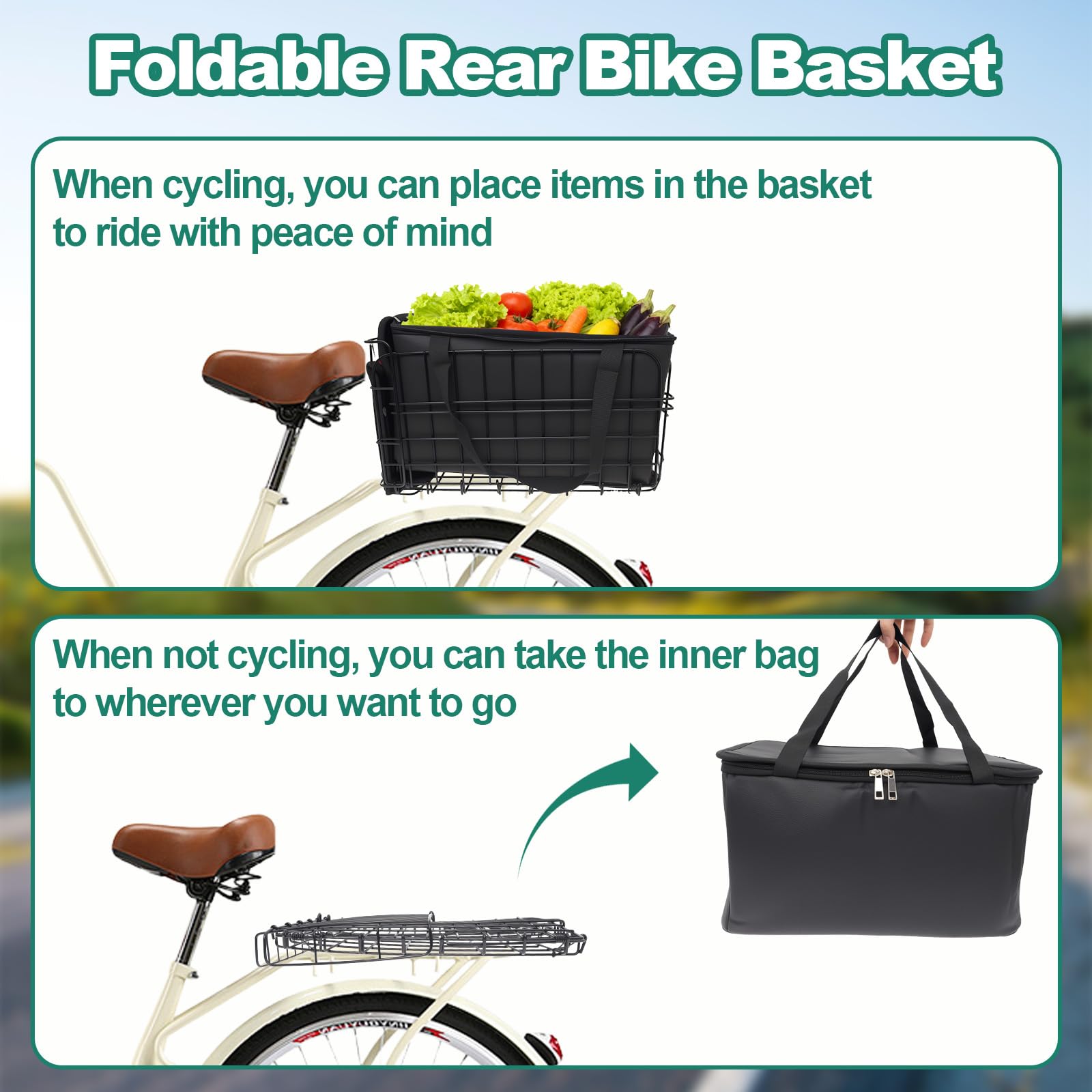 Cestino Posteriore Bici Rimovibile e Pieghevole, Portapacchi in Metallo per E-Bike (22 kg), Trasporto Animali Domestici e Spesa con Borsa Interna, Universale per Portapacchi Posteriori