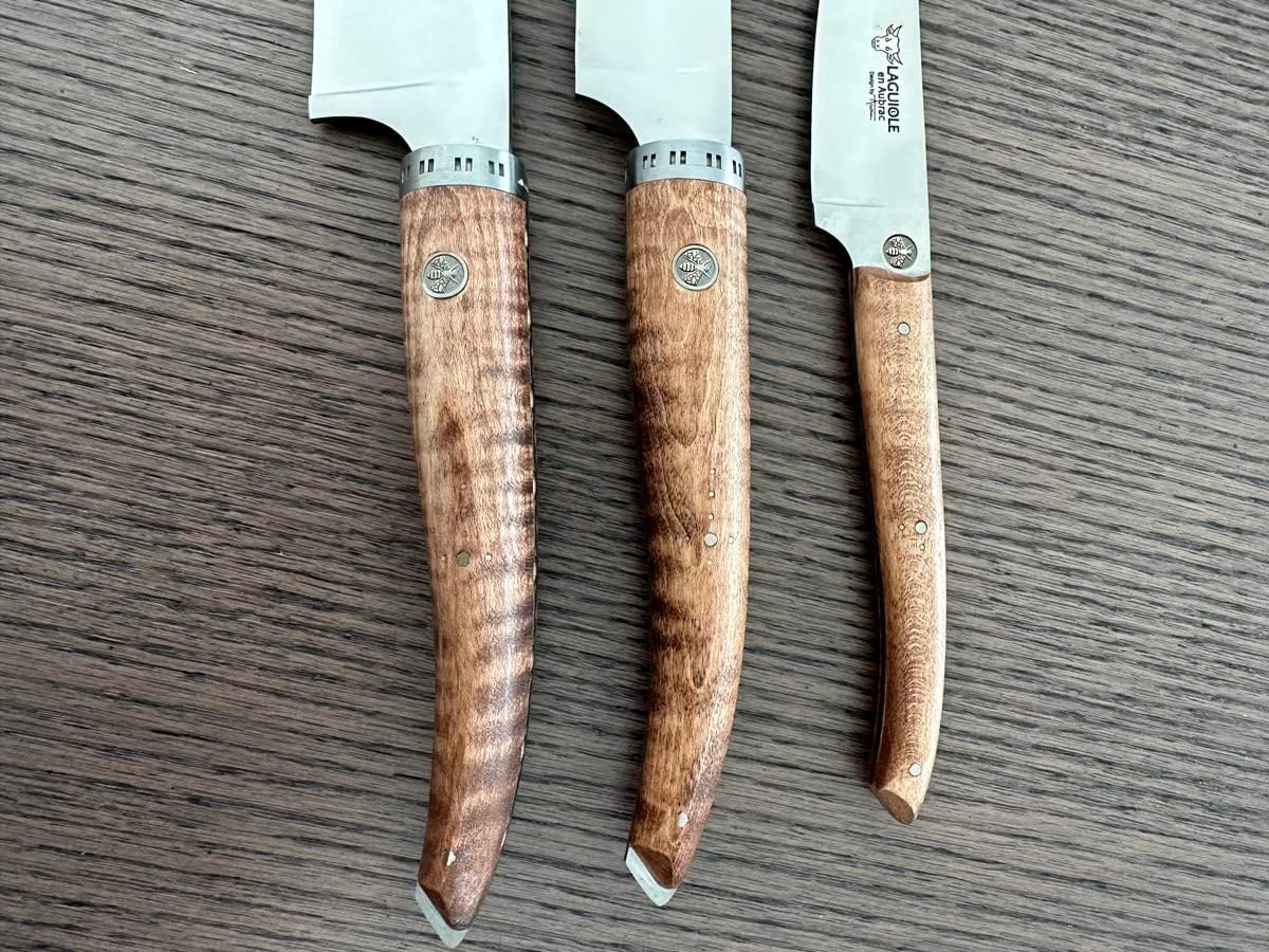 Laguiole en Aubrac Cuisine Gourmet Stainless Fully Forged Steel Made In France Starter 3-Piece Premium Kitchen Knife Set With Wavy Maple Wood Handles