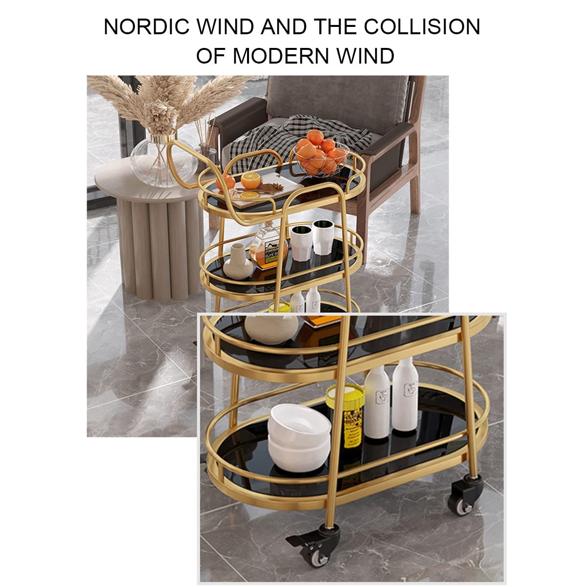 Carrito de cocina de 3 niveles con rieles de protección y ruedas para restaurantes y hoteles