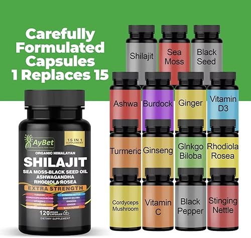 Miniatura 3 de Shilajit - Cápsulas orgánicas de Shilajit del Himalaya para hombres y mujeres, con musgo marino, aceite de semilla negra, Ashwagandha, Rhodiola