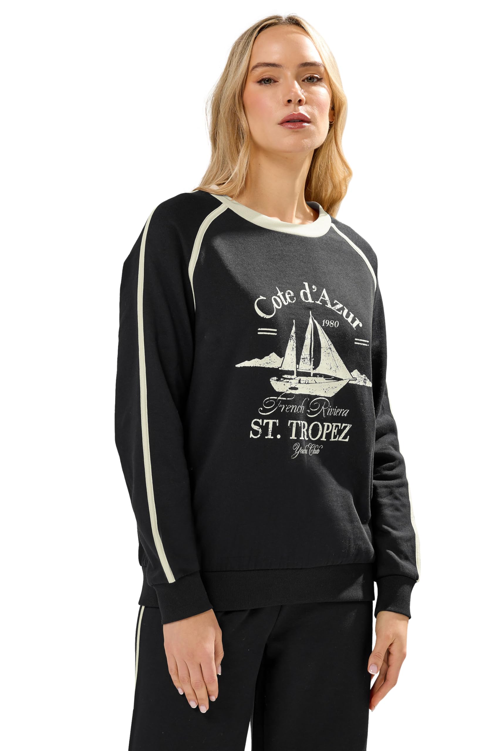 Long Tall Sally - Lts Tall 'Cote D'azur' Slogan Pipe Detail Sweatshirt - Women's Black