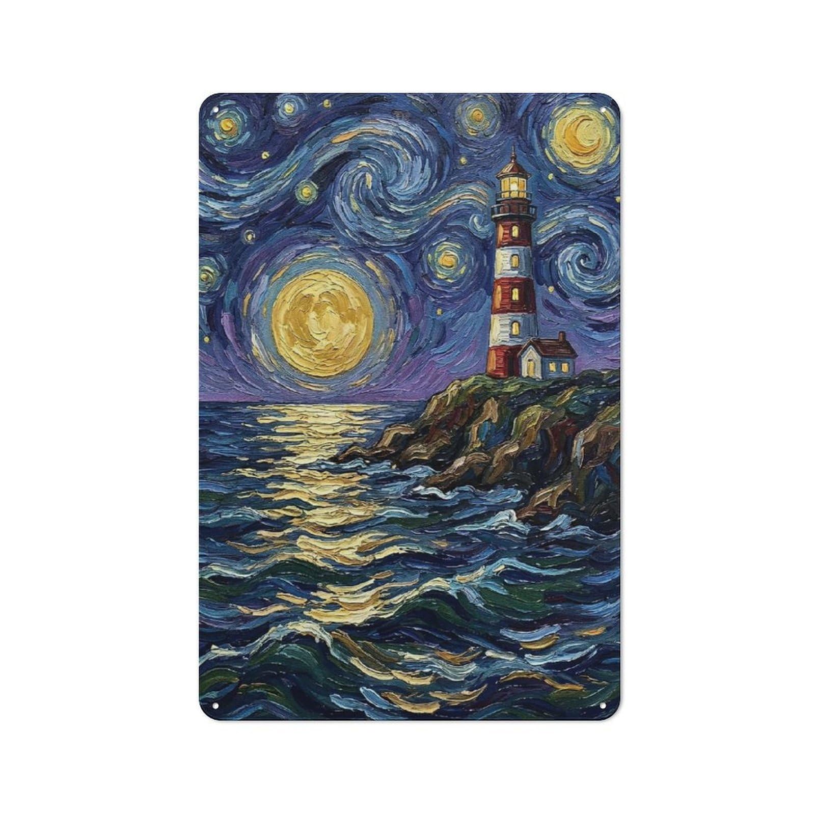 Junmoney Style-1 For Café Or Restaurant, Lighthouse Under Starry Night Sky Painting Retro Metal Sign 30X20cm, Gift For Café Owners And Decorators During The Christmas Season