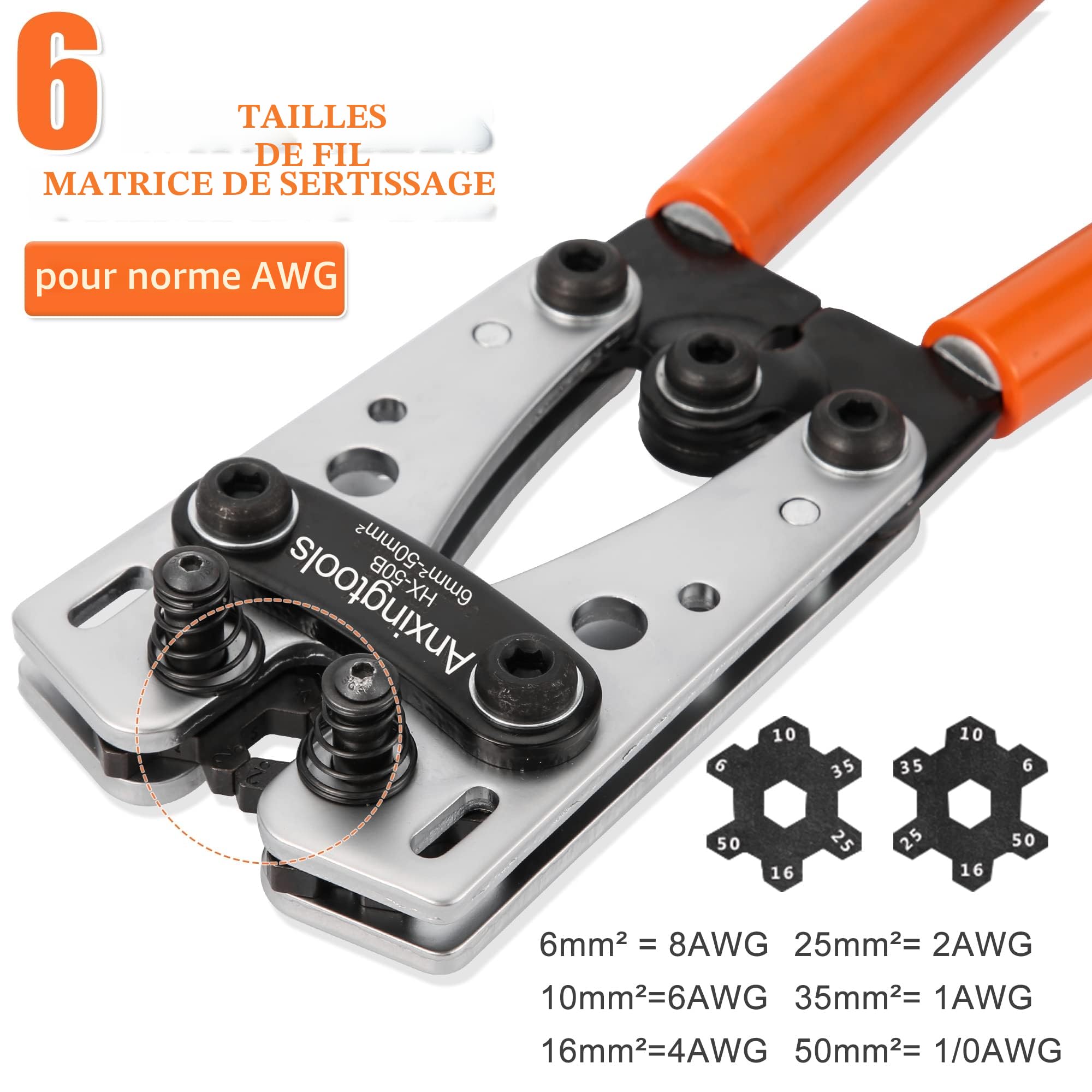 Outil de sertissage de câble de batterie pour bornes à anneau en cuivre de batterie 6/10/16/25/35/50 mm², cosses en cuivre, pince à sertir robuste pour cosses de fil (HX50B crimper+terminals)