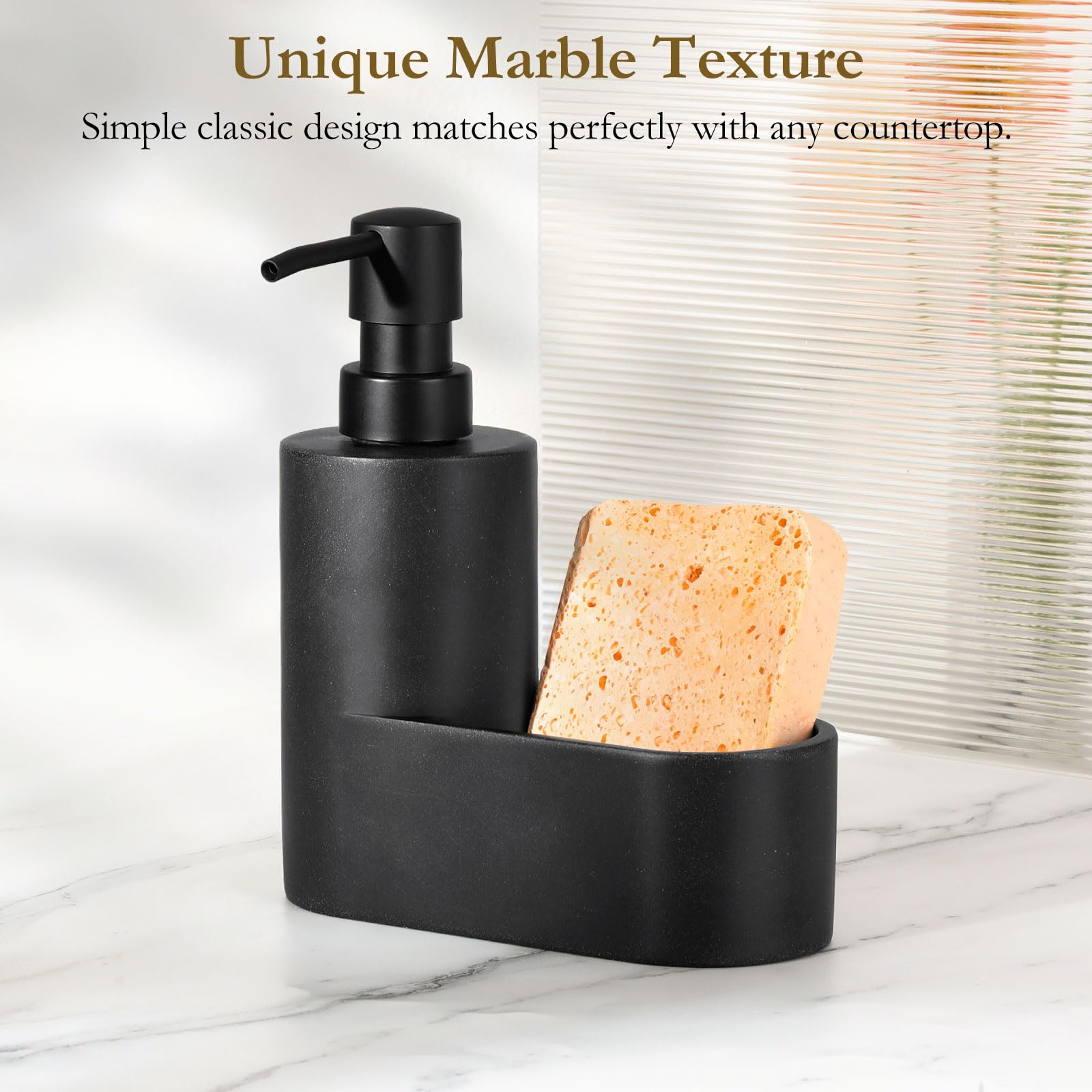 Shinowa Dispenser di Sapone per Piatti con Supporto per Spugna, Riempibile Distributore di Sapone da Cucina, Erogatore di Sapone da Banco 2 in 1 per Lavello di Cucina e Bagno, Nero Ghiaia