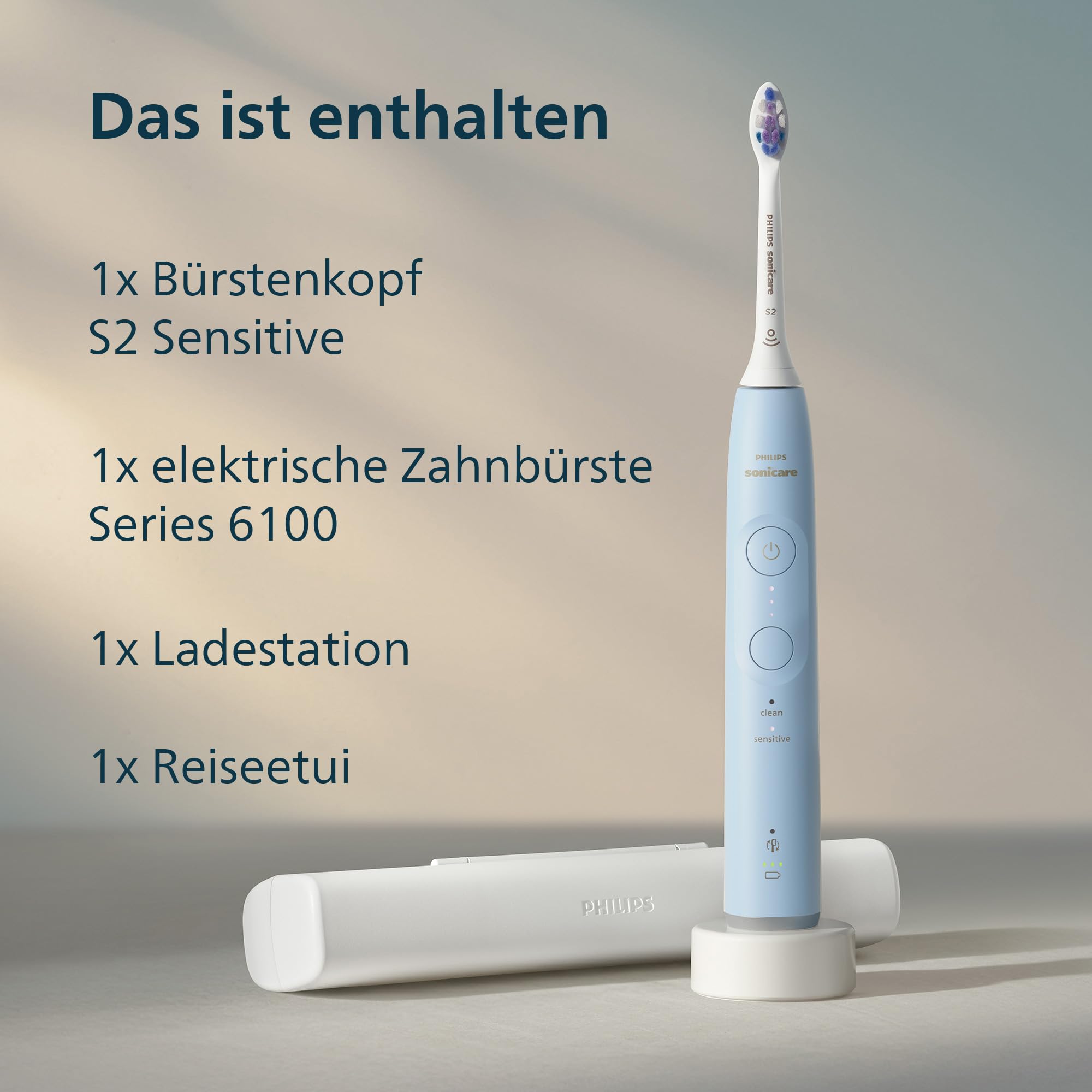 Philips Sonicare 6100 elektrische Zahnbürste, Schallzahnbürste mit 2 Putzmodi, 3 Intensitätsstufen, Andruckkontrolle, EasyStart, SmarTimer, BrushPacer, Hellblau, Modell HX7406/02 [Neue Technologie]