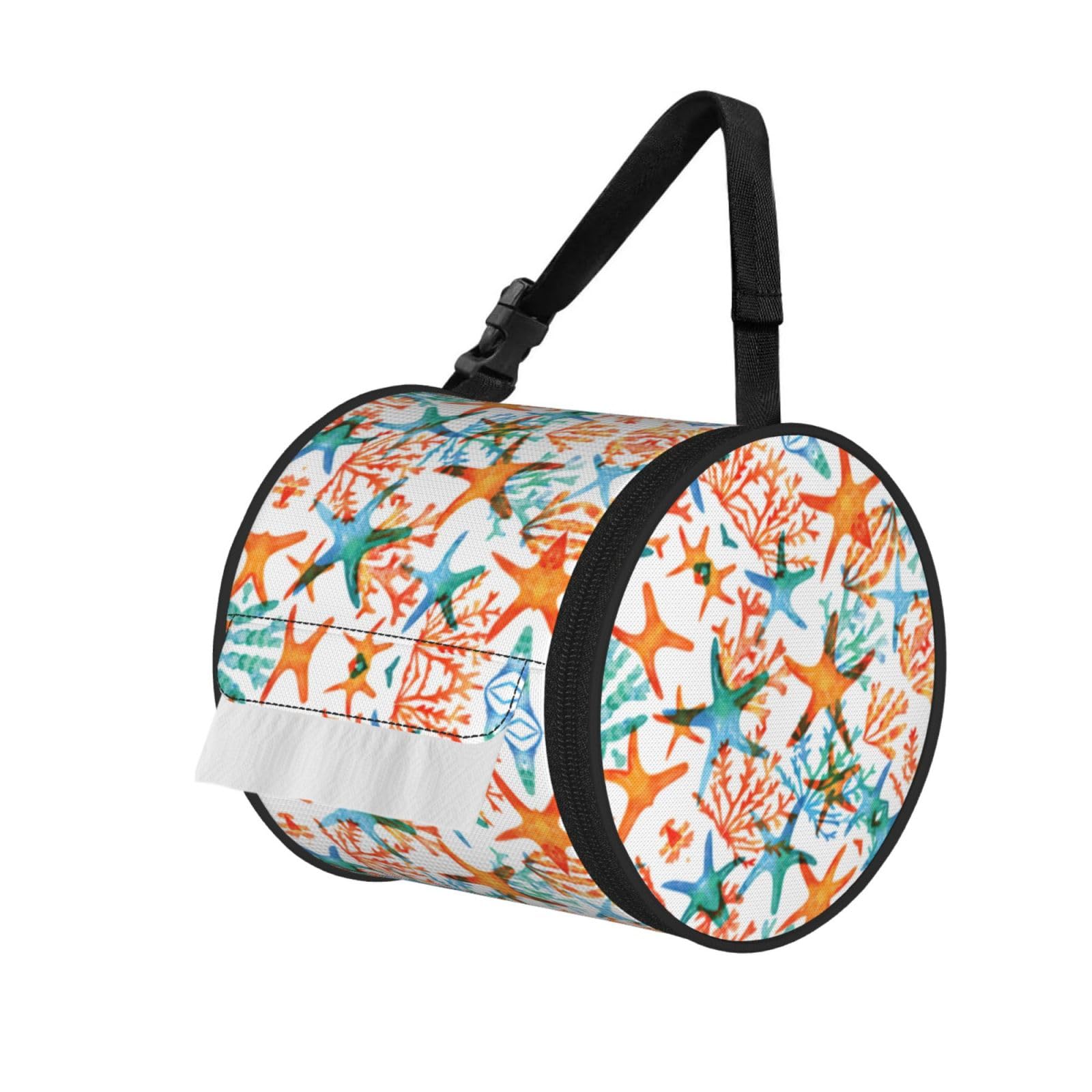 Marine Starfish Coral Print Round Tissue Dispenser Bag With Carry Strap, Portable Roll Holder For Car Travel Home