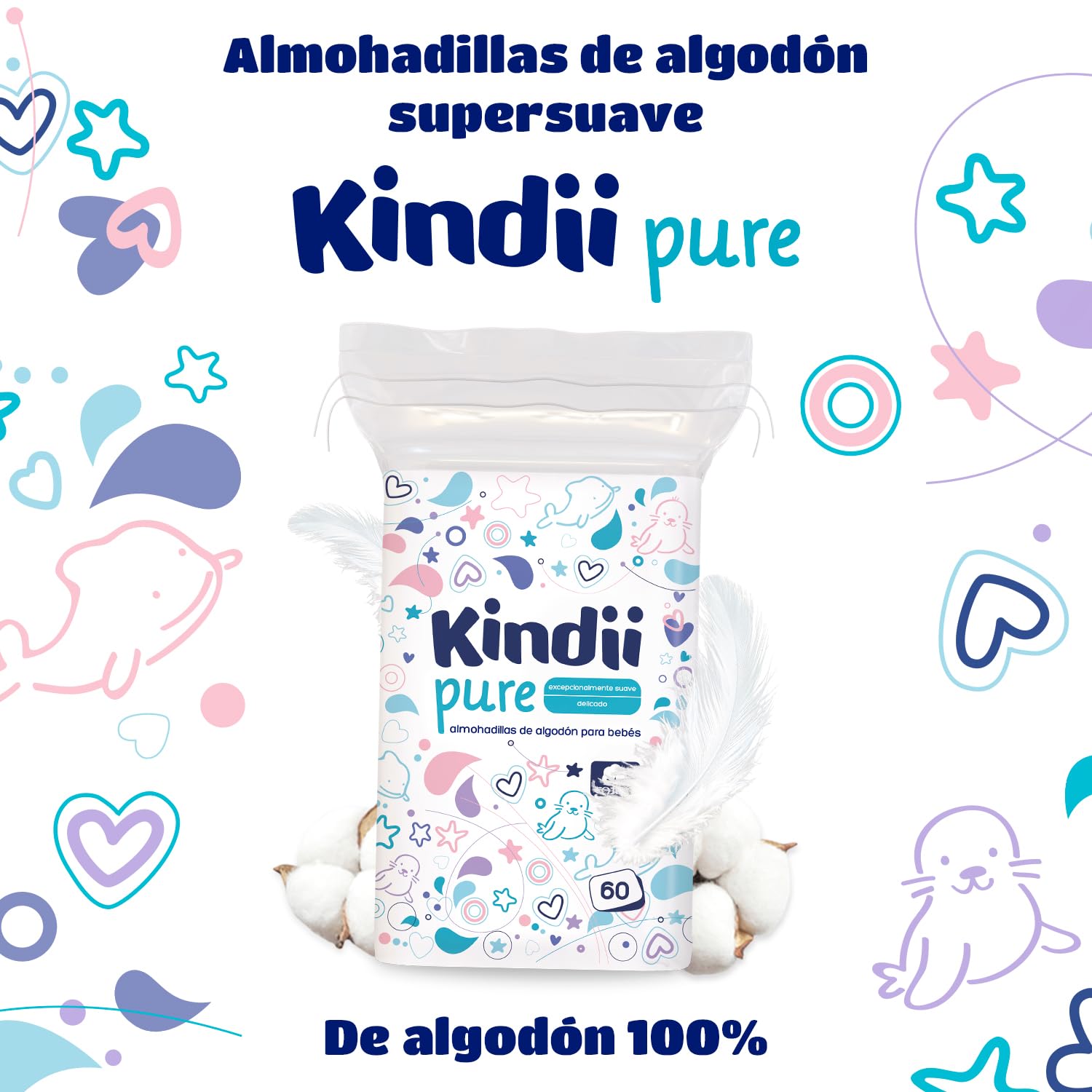 Kindii Pure – Gasas Bebé (1x60 Piezas) – 100% Algodón, limpieza facial, cambios de pañal – Delicadas para pieles sensibles, no se deshilachan – 60 Piezas