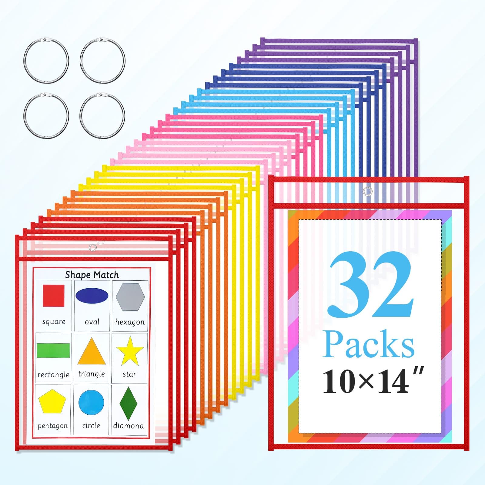 32 Pack Dry Erase Pocket Sleeves with Rings, 10x14 Inch Plastic Paper Sleeves Clear Job Ticket Holders Reusable Write and Wipe Pouches for Teacher