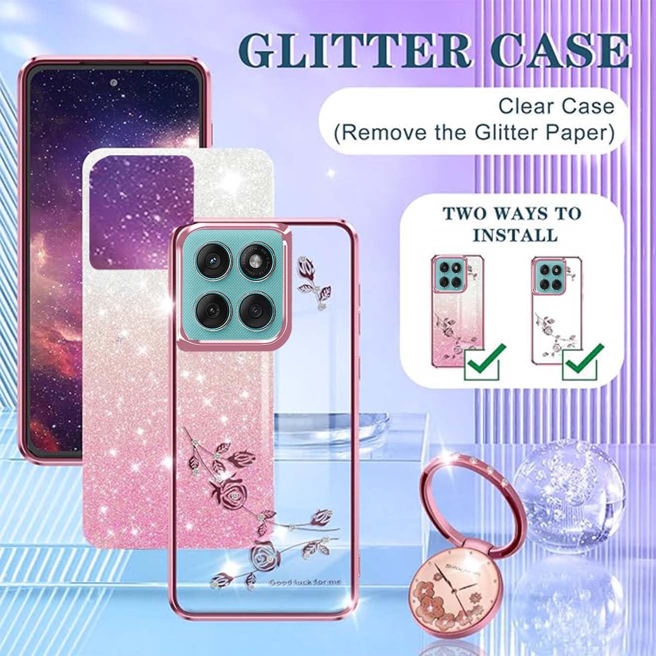 Custodia Specchio Per Motorola Edge 70 5G, TPU Trasparente Con Strass, Anello A Cuore E Supporto, Laccetto Perlato, Argentata - 4