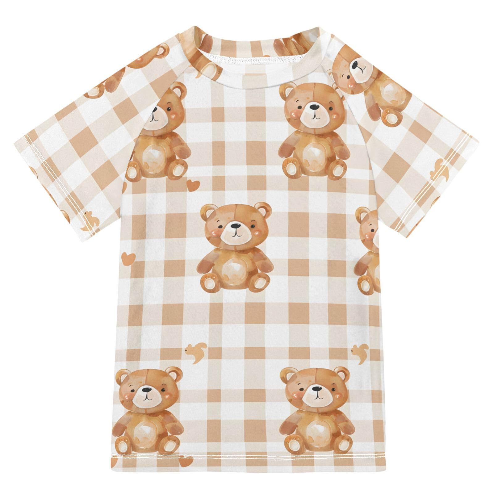 ALAZA Boys Swim Shirts Toddler Rash Guard Short Sleeve Rashguard Bear Checked UPF 50+ 11-12T
