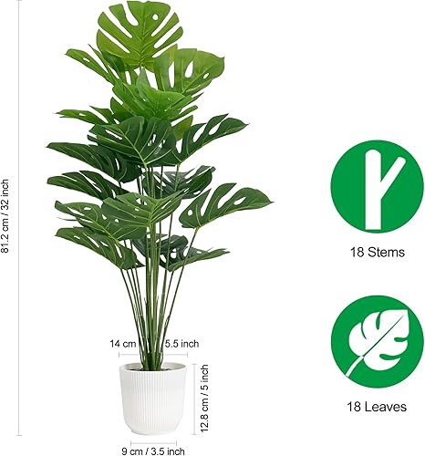 Miniatura 4 de SAJANDAS Juego de 2 plantas artificiales Monstera Deliciosa en macetas, palmeras tropicales falsas con hojas verdes y tallos, plantas artificiales