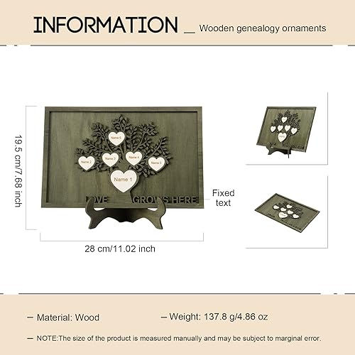Vista 106 de Árbol genealógico con etiqueta de corazón, placas de madera grabadas personalizadas, regalos personalizados para madres, padres, escritorio, nombres