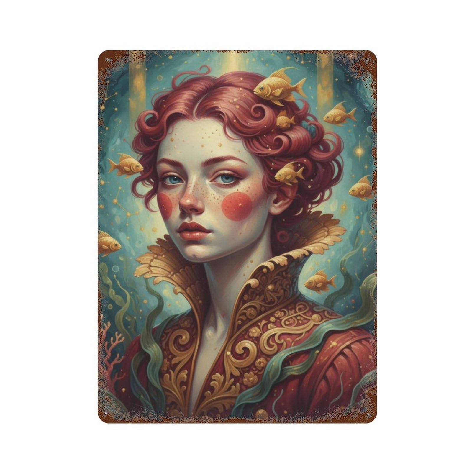 Portrait of A Woman with Goldfish Rusty Metal Tin Sign 15.7"x11.8", for Pub, Kitchen And Man Cave Decor, Farmhouse Wall Decor