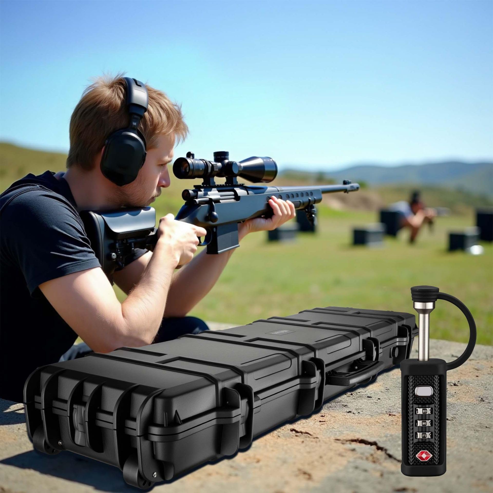 Waffenkoffer für Langwaffen mit TSA Zahlenschloss, Rollen & Schaumstoffpolsterung, Wasserbeständig IP67, Hoher Traglast (100 kg), Gewehrkoffer für Sicheren Transport, Robust & Abschließbar