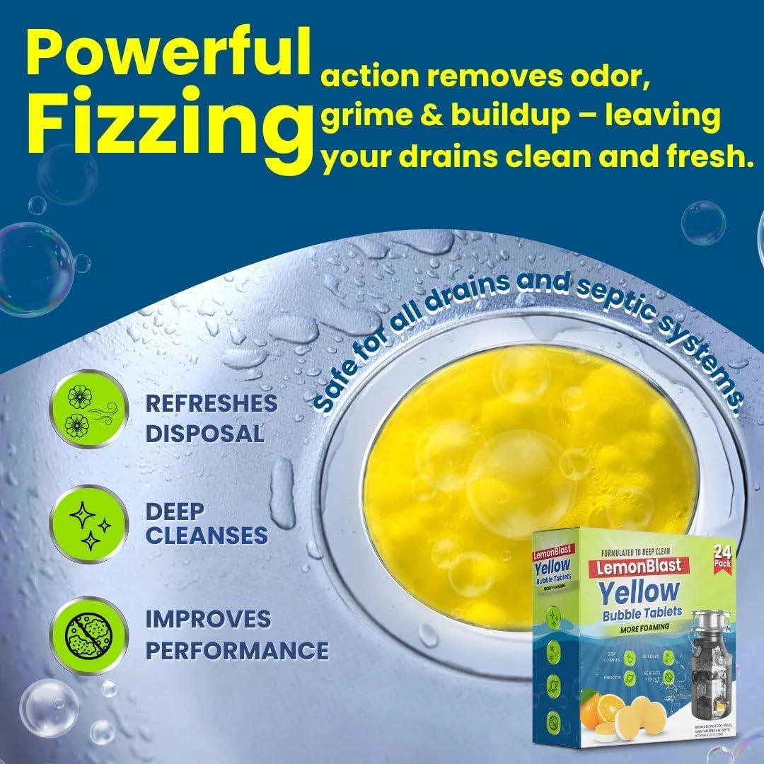 LemonBlast Yellow Bubble Tablets for Deep Cleaning | Multi-Use Foaming Tablets for Kitchen Sink, Drain, Pipes & Disposal | Helps Remove Residue & Refreshes with Active Foam (pack of 24) - Image 4 thumbnail