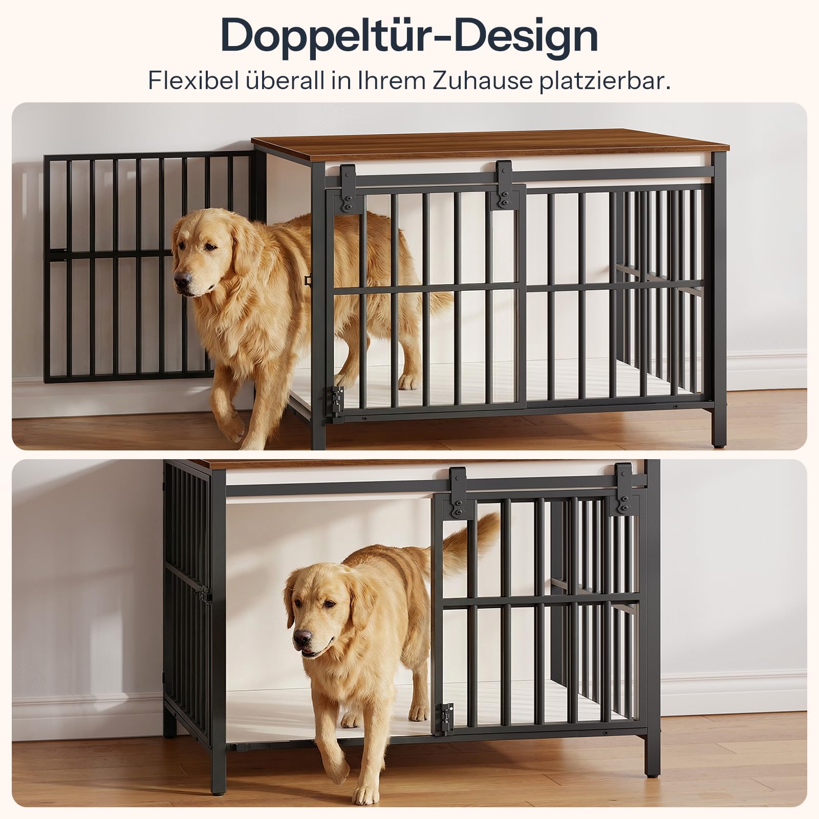 HOOBRO Hundekäfig Möbel, 100cm Hundebox für Zuhause, 2 Türen, Schiebetür, Moderne Hundebox Indoor für kleine bis mittelgroße Hunde, Hundekäfig Hochbelastbar, Weiß und Walnuss EBWH163GW03