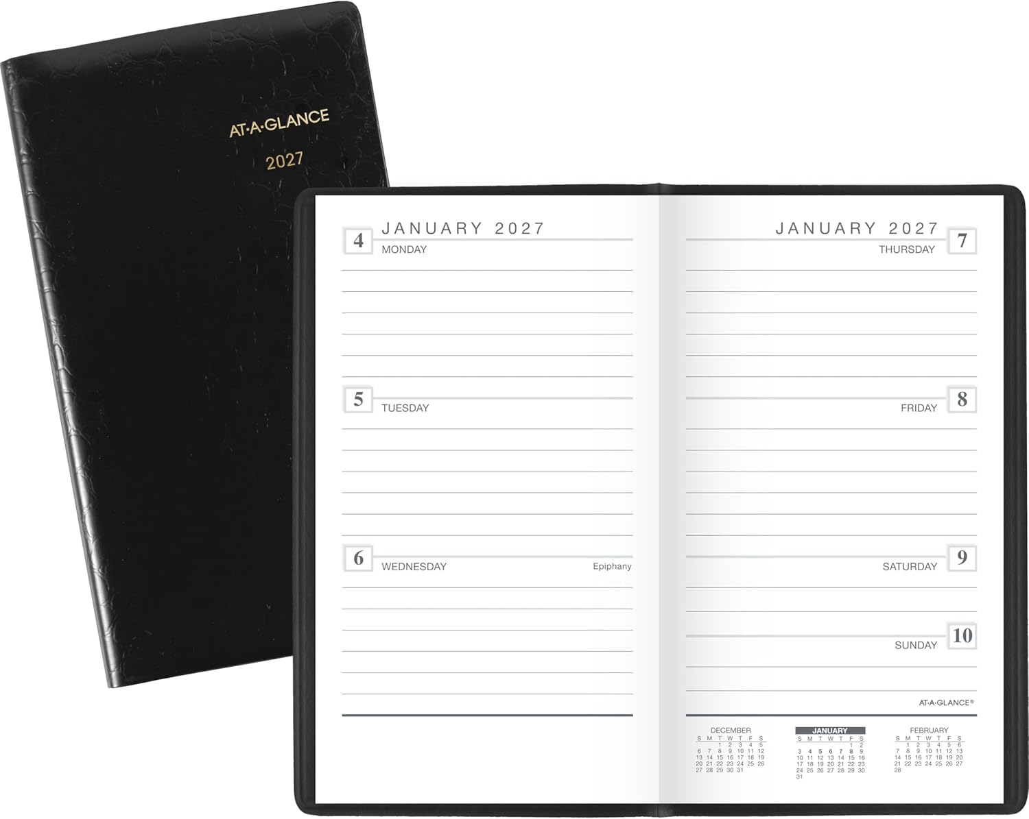 AT-A-GLANCE 2027 Planner, Weekly, 3.25" x 5.75", Pocket Size, Embossed Cover, Black (704020527)