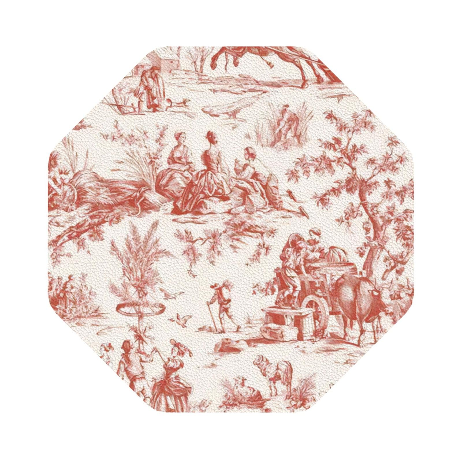 Leather Coasters Set of 6,Red French Country Toile Pattern Coffee Drink Tea Leather Place Mats,for Living Room, Kitchen Octagon