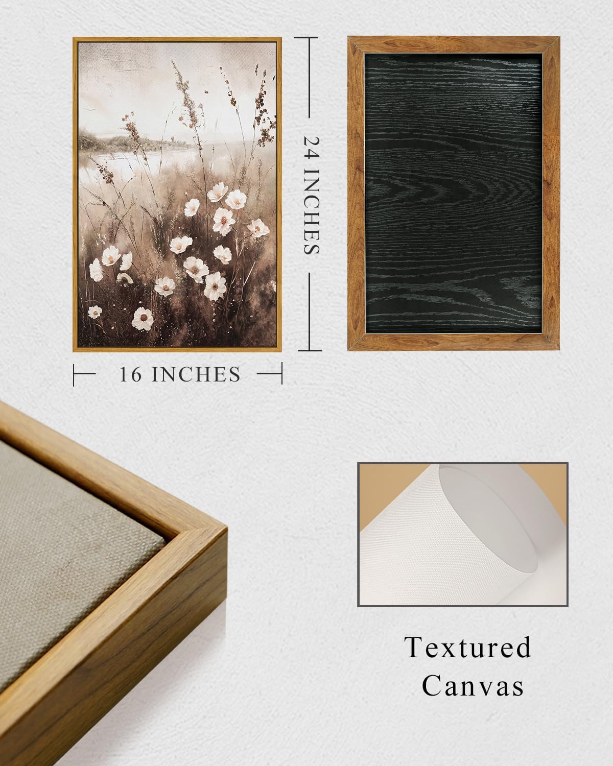 InSimSea Framed Wall Art for Living Room Landscape Canvas Wall Decor Meadow with Flowers Vintage Paintings Classical Wildflower Field Scene Boho Floral Pictures Decor for Bathroom Bedroom 16x24in