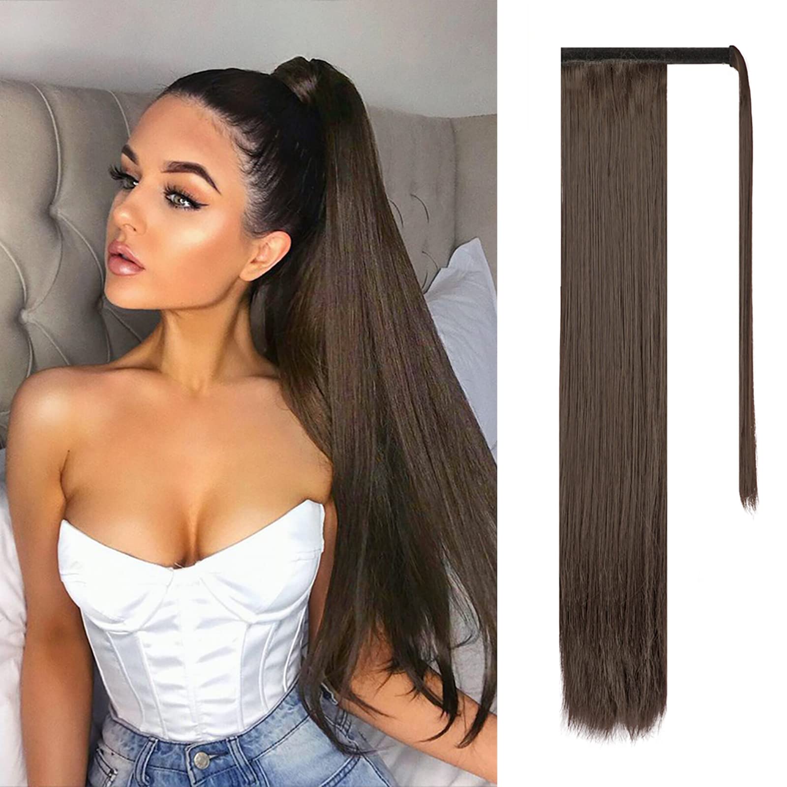FESHFEN Straight Ponytail Extensions 24 Inch Long Wrap Around Synthetic Hair Piece Clip in Ponytail Hair Extensions Hairpiece for Women Girls 130g