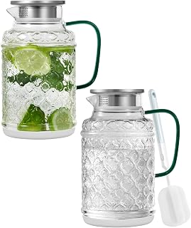 2 PACK Glass Pitcher with Lid, 64 oz/ 1.8 Liter Vintage Glass Water Pitcher, Anti-Slip and Easy to Clean, Water Jug for Cold Brew, Fridge, Iced Tea, Coffee, Beverage, Juice, Clear