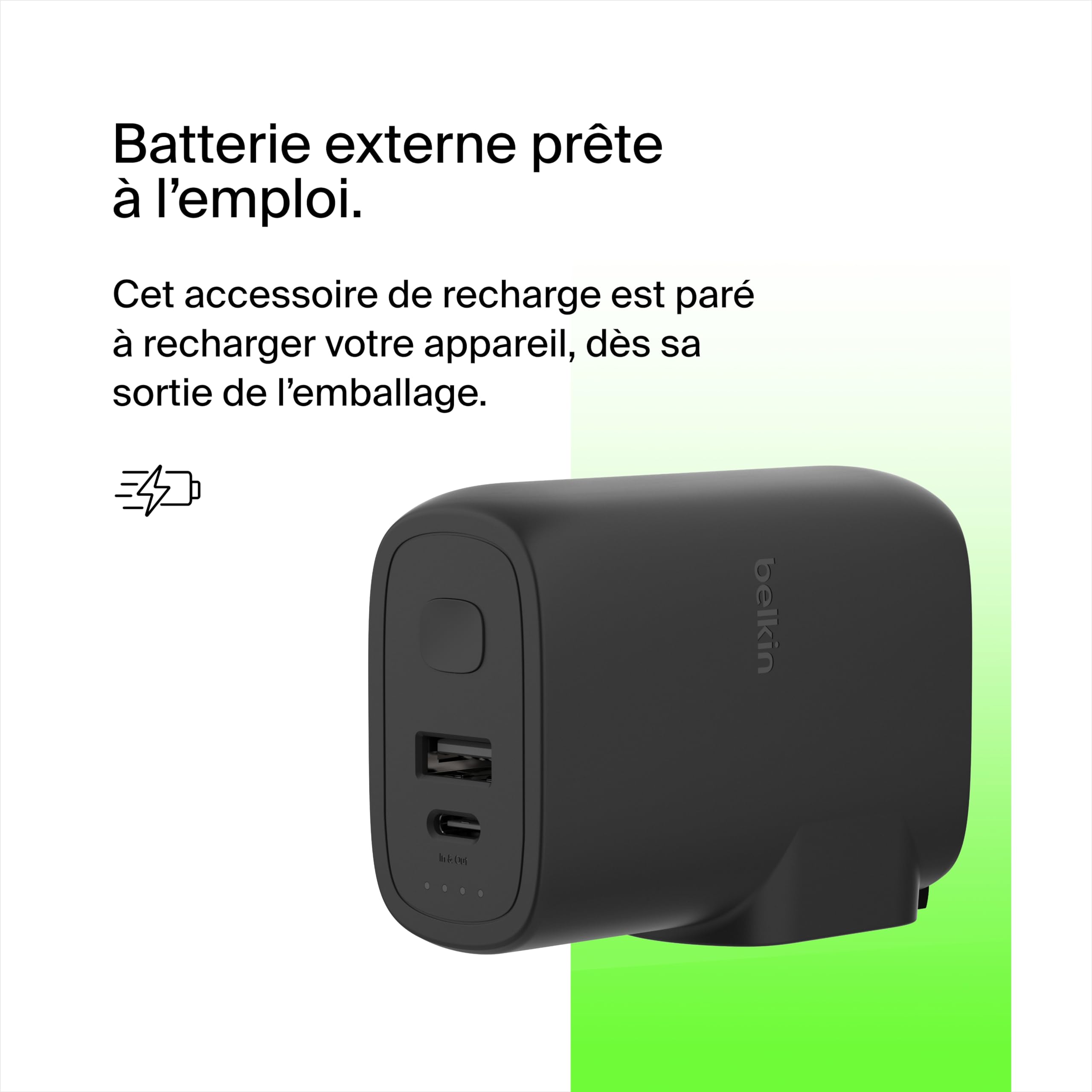 Belkin BoostCharge Solution Hybride 2-en-1 Chargeur Secteur 25W + Batterie Externe 5000mAh 2 Ports, Port USB-C PD 3.0 et Port USB-A, Power Bank 5K, Chargeur Rapide et Portable