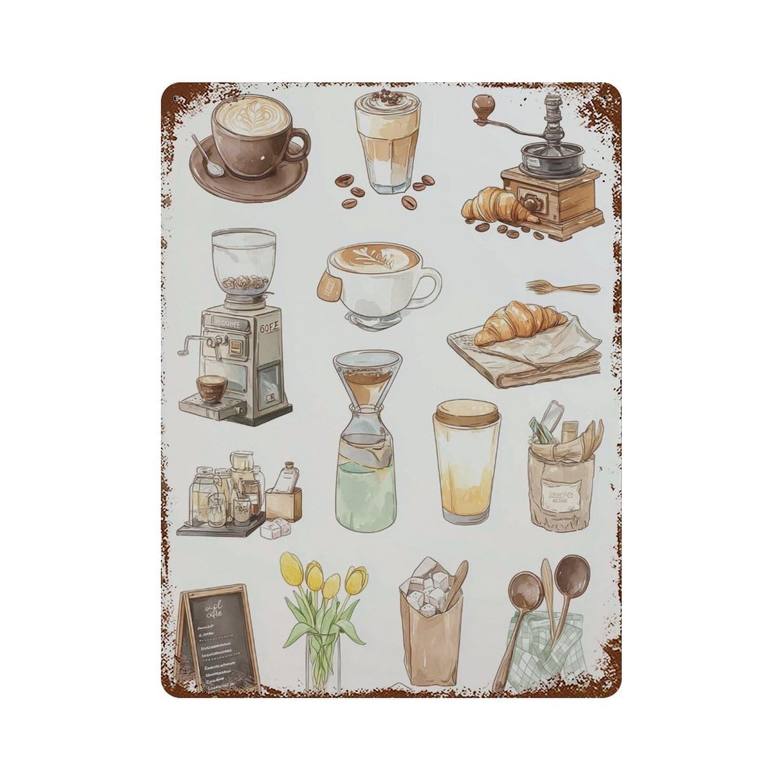 xiaoxiaoshen Coffee Shop Cozy Café with & Pastry Illustrations Barista Kitchen Or Corner Wall Decor Art Metal Tin Poster Modern Home Decor Art Home Bar Shop Decorations Vintage Sign 40x30cm