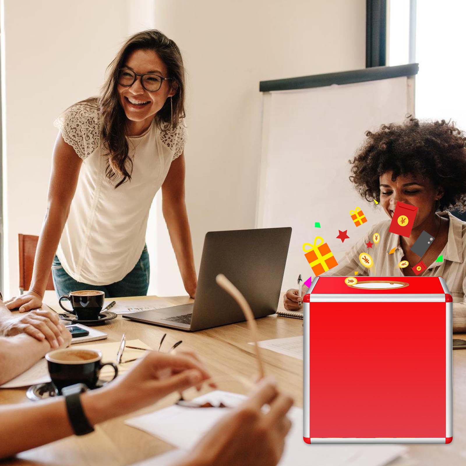 Boîte à tombola transparente de loterie, 25 cm, avec alliage d'aluminium, carrée, boîte de rangement pour collecte de fonds (rouge)