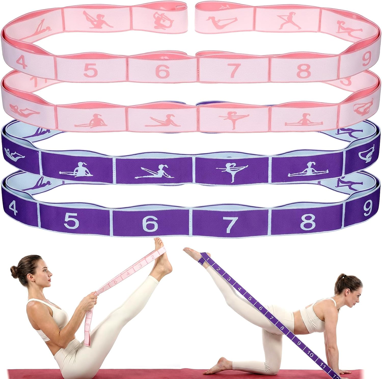 4 Pcs 12 Loops Stretch Bands for Yoga, Pilates, Physical Therapy - Elastic Strap for Flexibility, Leg Exercise, Dance Fitness Equipment (2 Purple, 2 Pink)