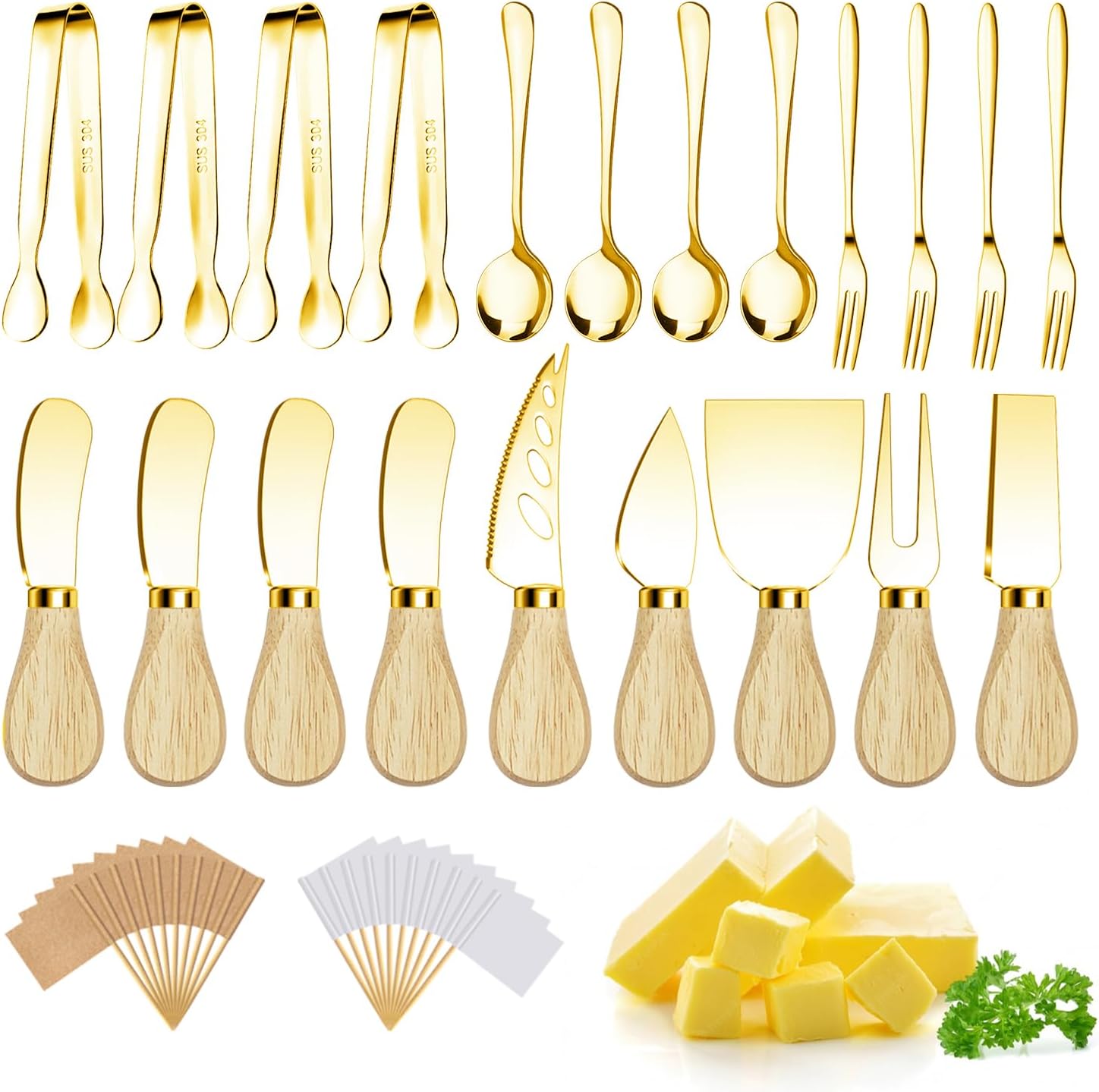 Charcuterie Boards Accessories Gold Charcuterie Utensils Cheese Butter Spreader Knife Set with Wooden Handles Small Serving Tongs Mini Forks and Spoons Flags Toothpick for Party Platter Appetizers Charcuterie Boards Accessories Gold Charcuterie Utensils Cheese Butter Spreader Knife Set with Wooden Handles Small Serving Tongs Mini Forks and Spoons Flags Toothpick for Party Platter Appetizers