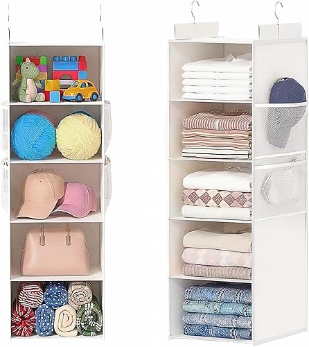 Extra Deep Hanging Closet Organizers and Storage, 5-Tier Closet Hanging Organizer with 4 Mesh Pockets, Heavy-Duty Closet Shelves for Clothes and