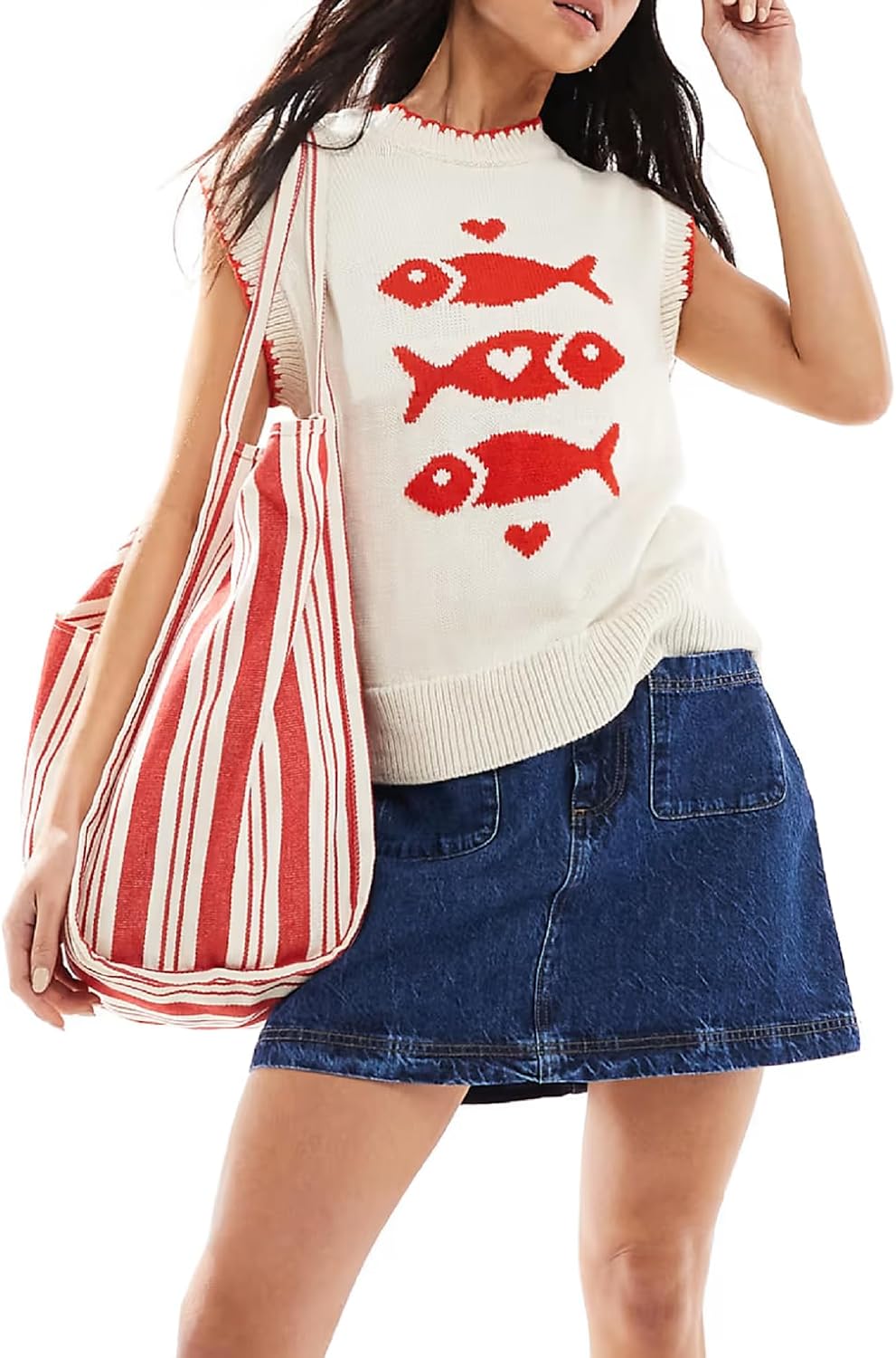 NUFIWI Women Cute Graphic Sweater Vest Y2K Lightweight Sleeveless Knit Vest Tops Ribbed Crochet Pullover Sweater Tank Top