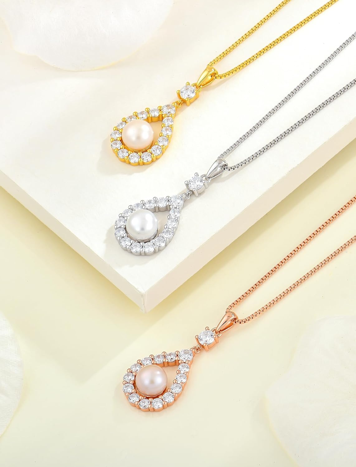 STARCHENIE Pearl Pendant Necklace, 925 Sterling Silver, Cubic Zirconia, 18 Inches Chain, Silver/Rose Gold/Gold