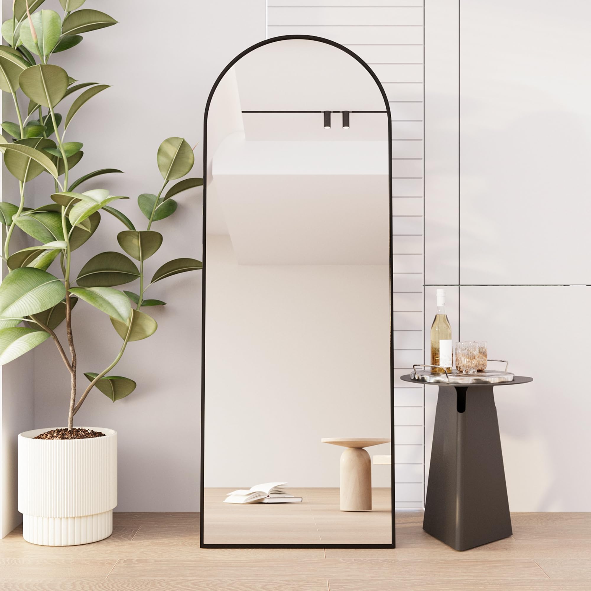 Specchio su piede bombato 162 cm, specchio pieno arco con cornice a specchio completo con supporto grande specchio da pavimento nero specchio da parete per bagno, camera da letto, ingresso (nero