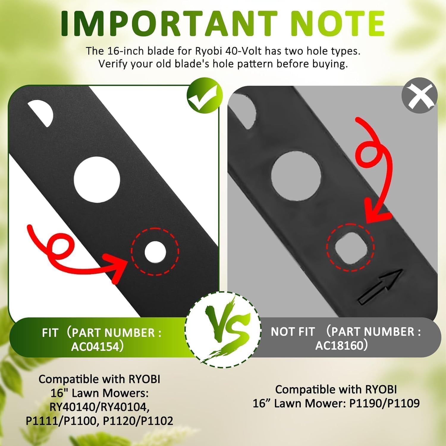 AC04154 16 in Lawn Mower Blade for Ryobi 40-Volt Lawn Mower – Half-Moon + Round Center Hole – NOT Compatible with AC18160 – Fits RY40112A, RY40140, P1190, P1109, P1120