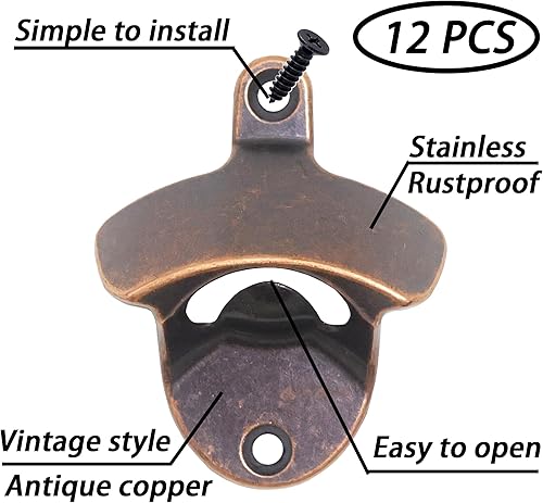 Miniatura 2 de 12 piezas de abrebotellas rústico montado en la pared a granel, abridor de tapas de cerveza de pared de acero inoxidable para bricolaje de madera