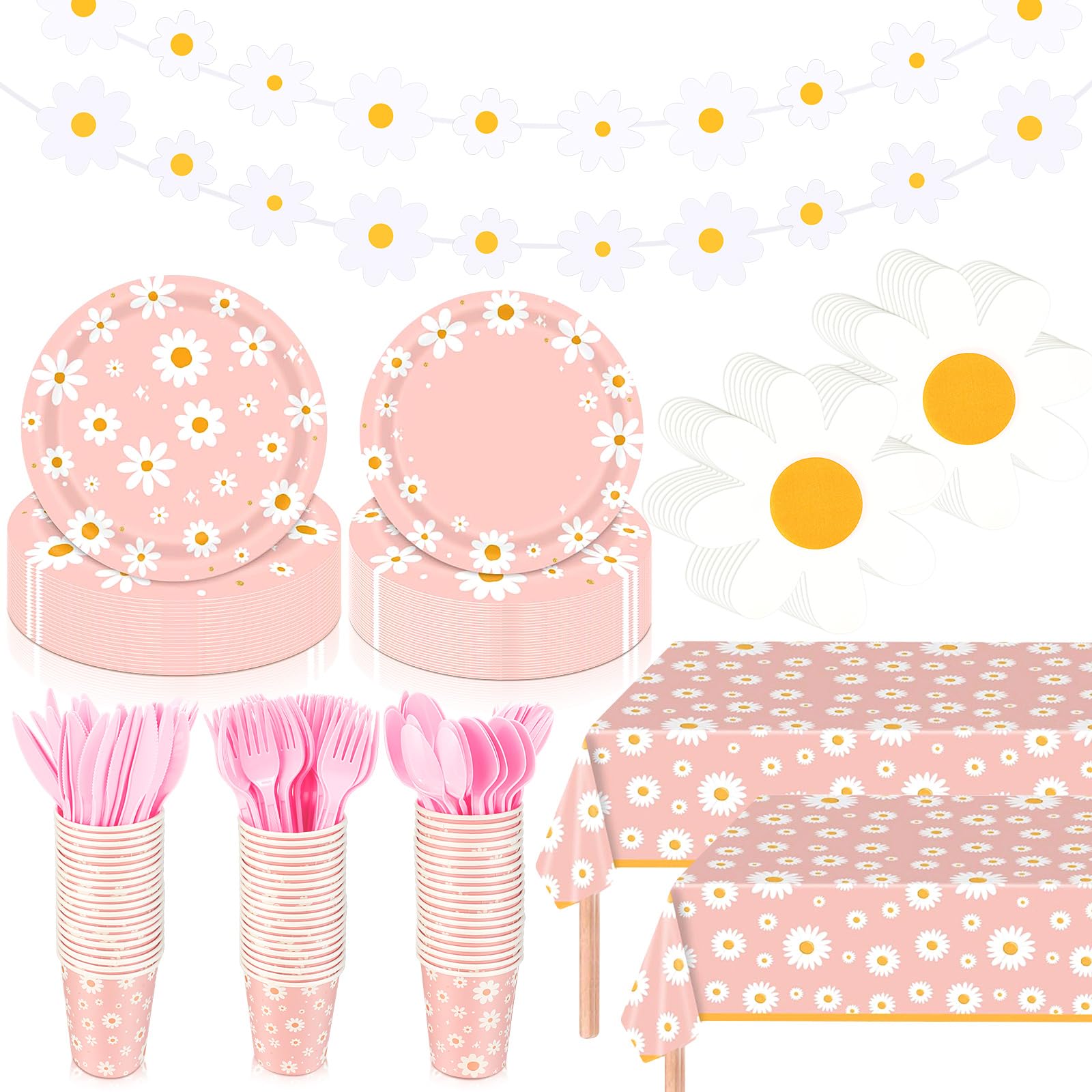 Domensi 214 Pcs Daisy Party Supplies Set Includes Daisy Paper Plates and Napkins, Cups, Cutlery, Tablecloths, Banner for Groovy Birthday Party Baby