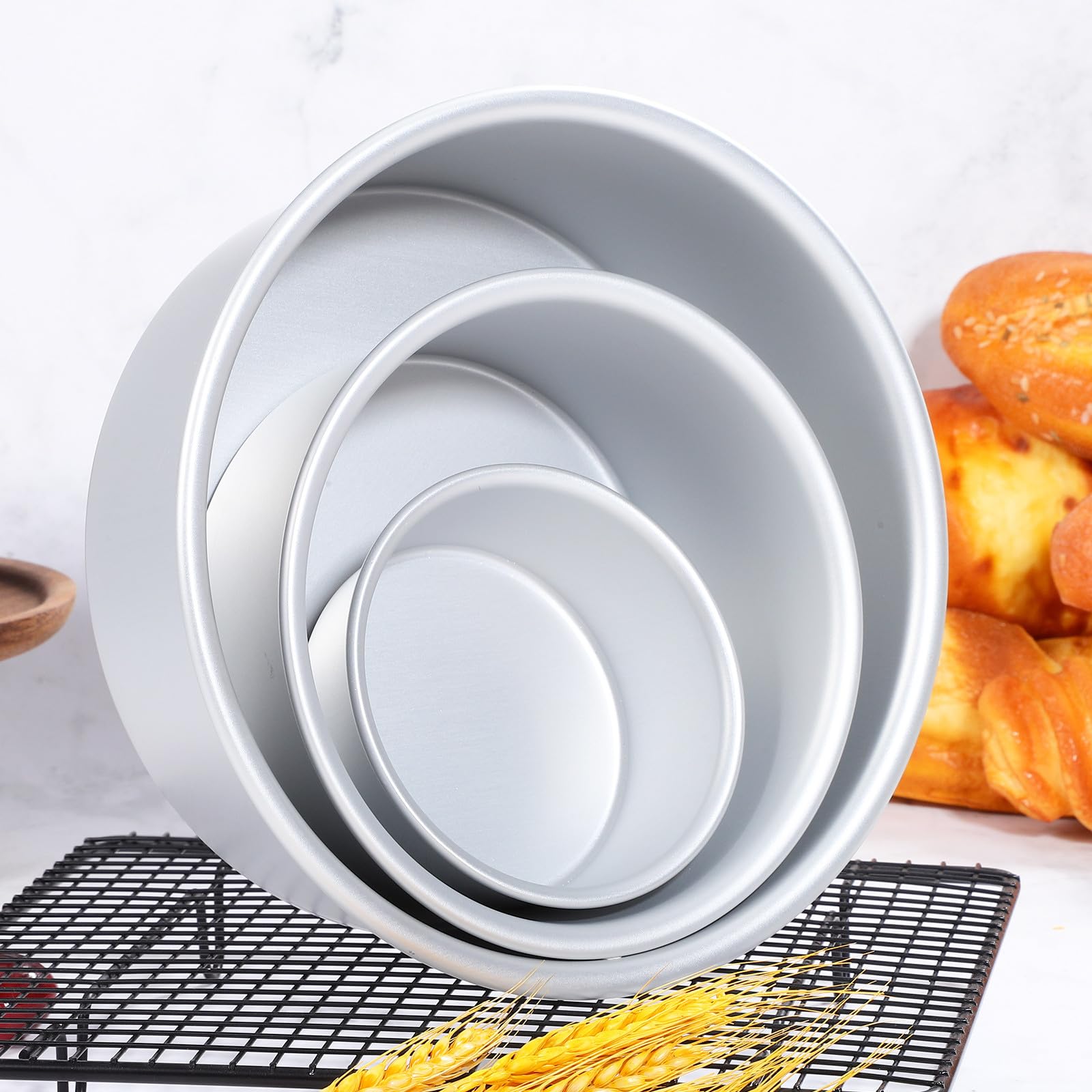 Housoutil Juego de 3 Moldes Redondos para Pasteles Base Fija Aluminio Alimentario Tamaños 10 CM 15 CM y 20 CM Antiadherentes para Hornear Utensilios de Repostería Hogar