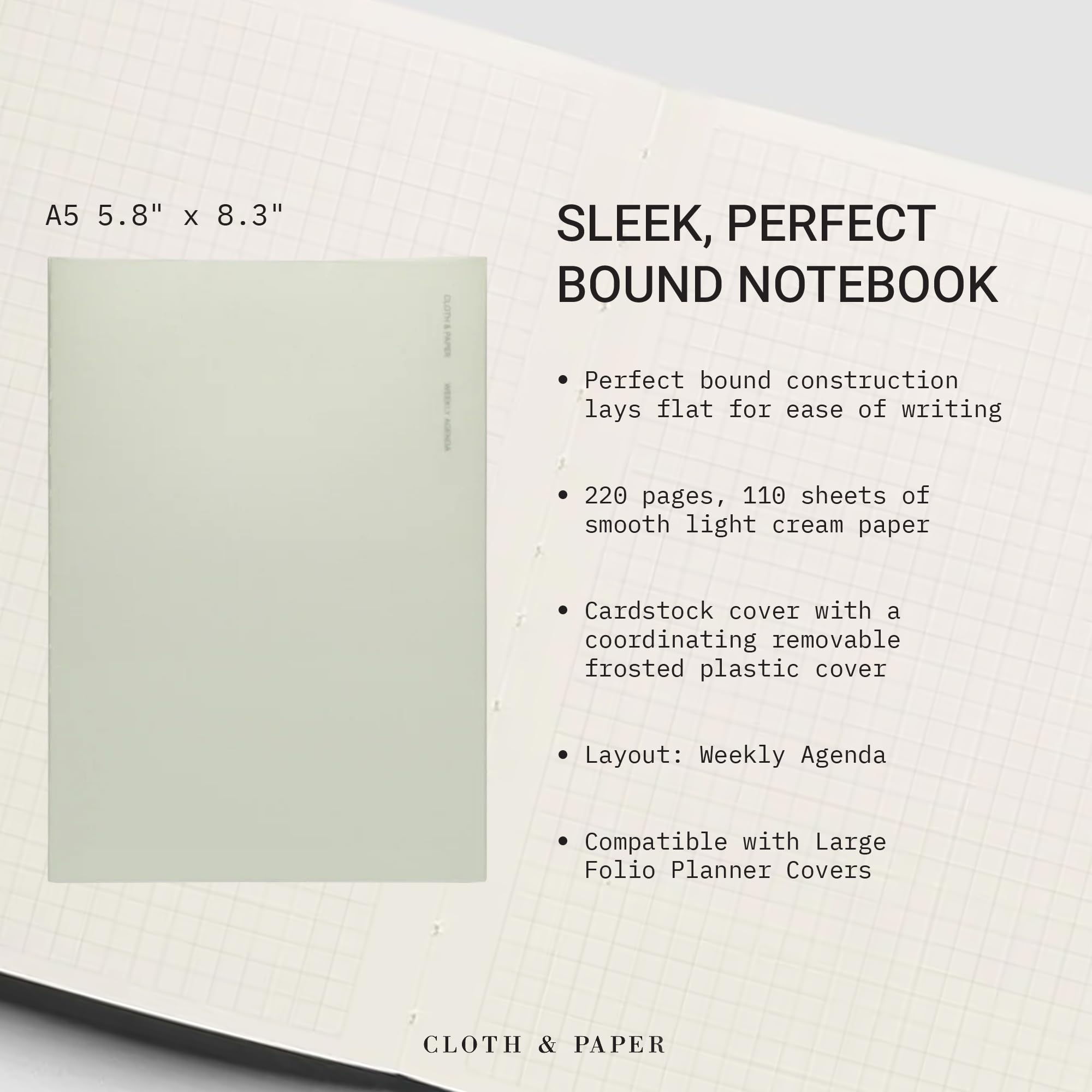 Cloth & Paper Taccuino rilegato perfettamente, agenda settimanale, Matcha, formato A5, 14,7 x 21,1 cm, layout con pagina per appunti a griglia, per compiti, pianificazione e pianificazione settimanale
