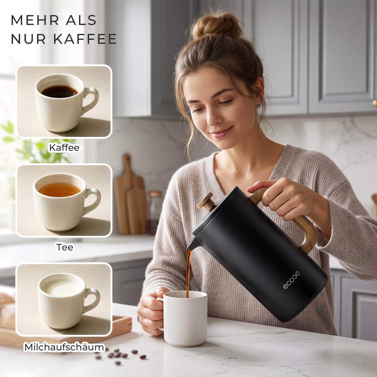 ecooe French Press 1,5 L ze Stali Nierdzewnej z Podwójnymi Ściankami (Czarny)